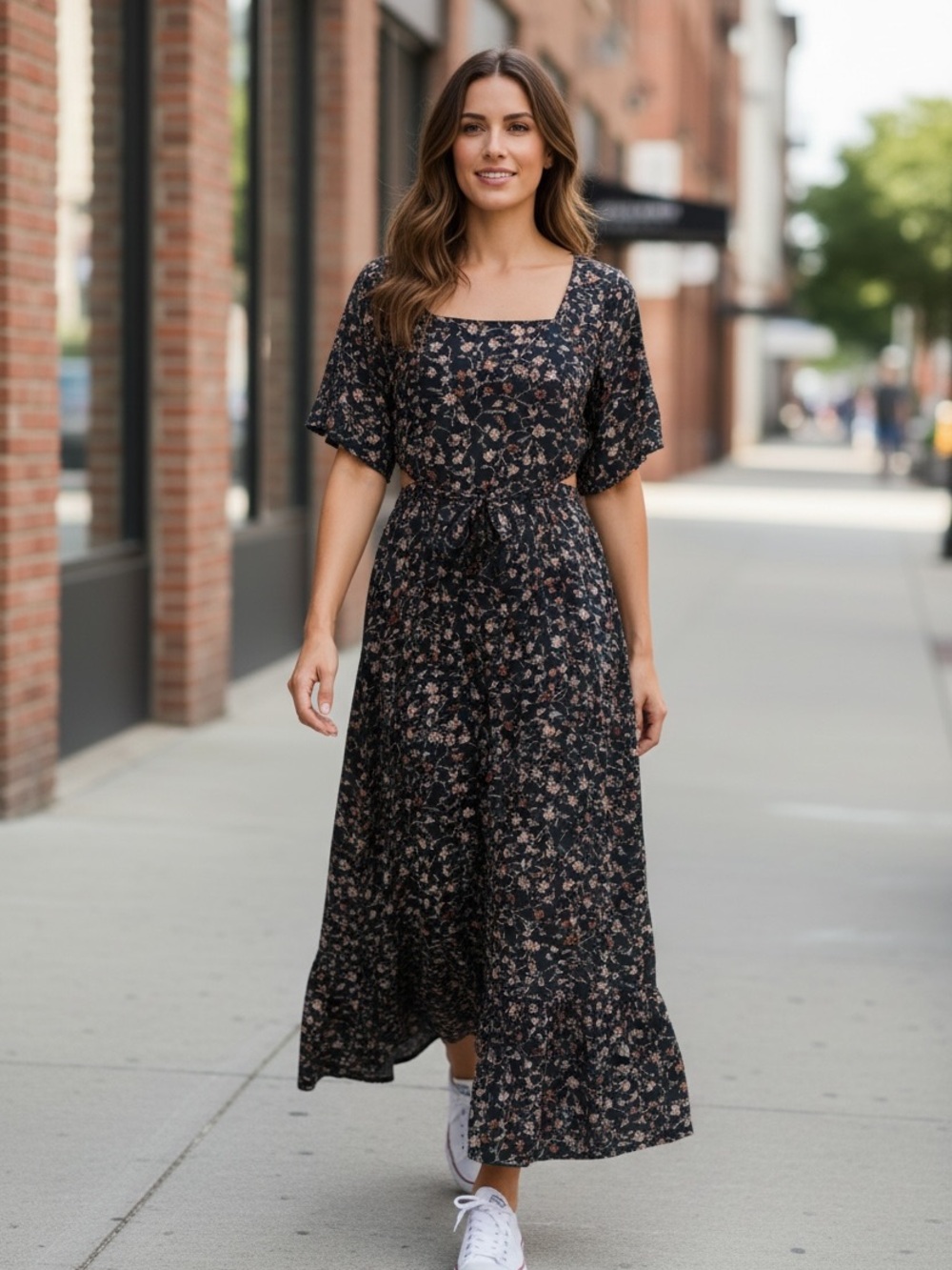 Square-Neck Black Floral Maxi Dress with Tie Waist and open tie back.